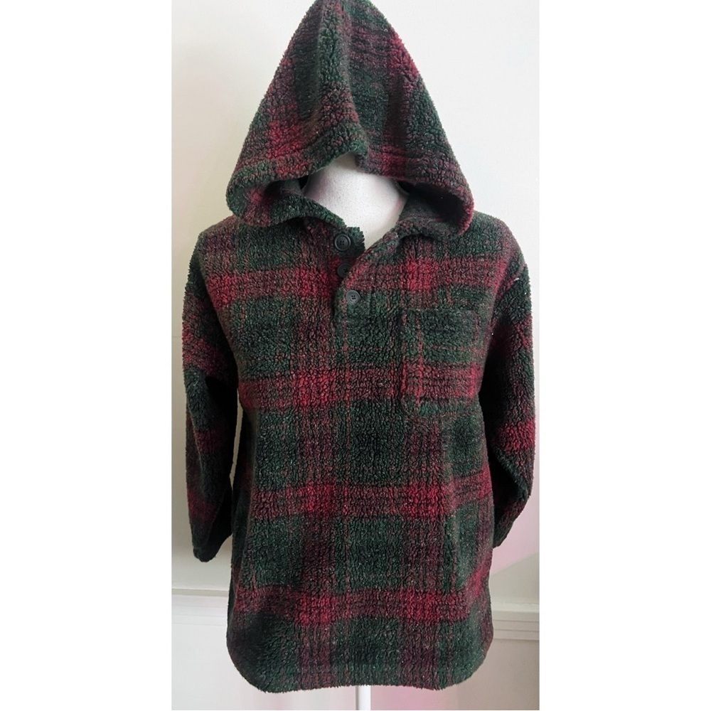 Vintage Gap • Kids Fuzzy Plaid Hooded Pullover and Glove Set